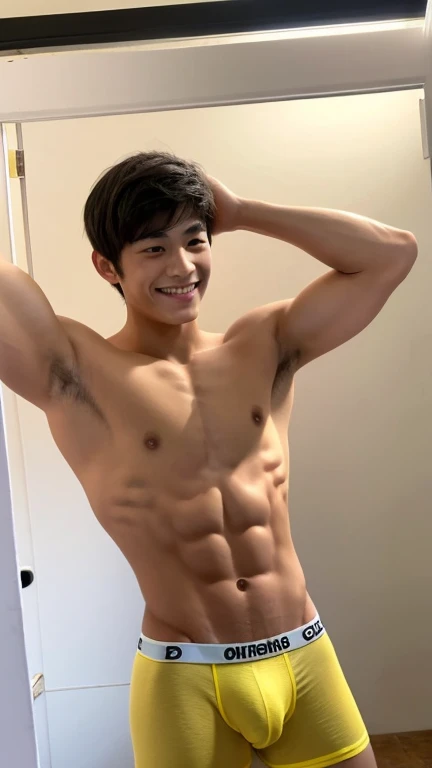 Japanese men、14 years old、Muscles and smooth skin、Very short black hair、A relaxed and friendly smile、Italian yellow thin boxer briefs、The whole body is well visible、Pumping one&#39;s fist in front of the waterfall、Laughing with mouth open、Sitting