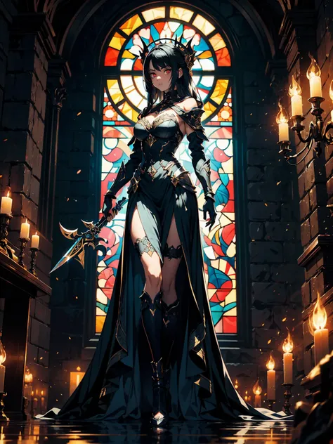 A breathtaking artwork of a female character of unimaginable beauty, set in a dark and opulent environment. The full-body view reveals an impressive figure, exuding an aura of power and mystery. She wears black and gold clothes, radiating a luxurious darkn...