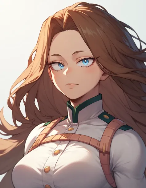 Concept art, character, one girl, female focus (brown hair, blue eyes, long hair), boku no hero academia, masterpiece, highest quality, so beautiful