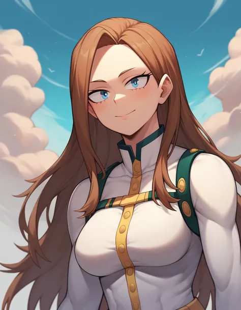 Concept art, character, one girl, female focus (brown hair, blue eyes, long hair), boku no hero academia, masterpiece, highest quality, so beautiful