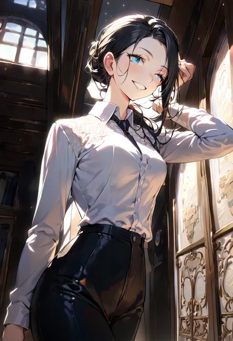 masterpiece, ((Very detailed背景, Delicate pattern, Intricate details)), (Very detailed, Fine details), Highest quality, Beautiful lighting,((Medium chest, Slim girl)), (White shirt, Formal Shirt, Black trousers, Formal attire), Tie your hair up, Nico Robin ...