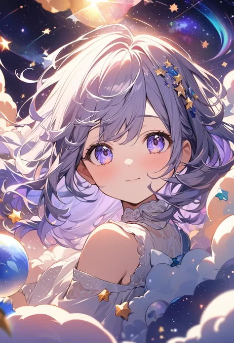 Attention to detail, Super Detail, Ultra-high resolution, A girl having a good time in a dream galaxy, Surrounded by stars, The warm light that shines on her, The background is a starry sky with colorful galaxies and galactic clouds, The stars fly around h...