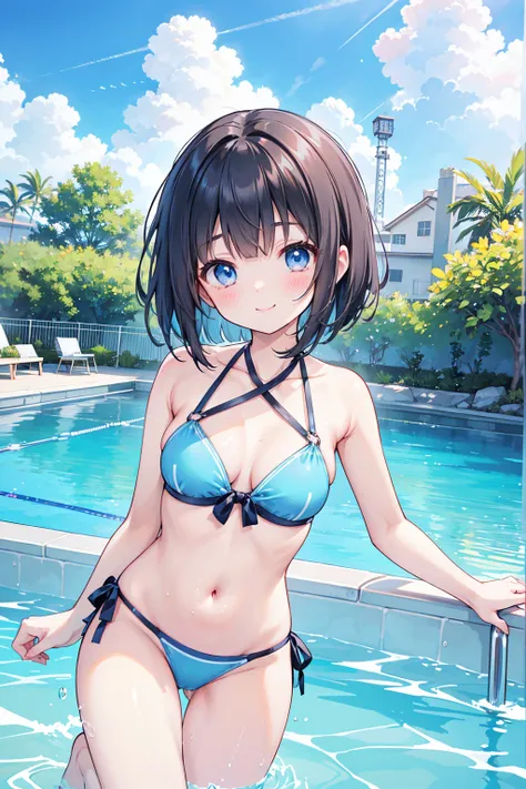 Photorealistic、Highest quality、Highest Resolution、Highest quality、８Ｋ、One beautiful woman、cute、Bob cut hair、Dark Hair Color、Pale blue eyes、Beautiful breasts、cuteフリルの水着、Halter Hook Swimsuit、Beautiful pool、Waterslide、looks fun、Frolic with a smile、