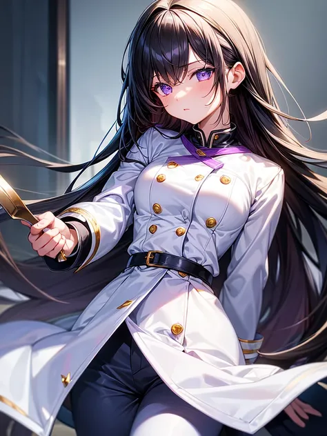 Highest quality, masterpiece, Black Hair, blue eyes, look up, Upper Body, blonde, alone, One girl, cute, Detailed eyes, Long Hair, Purple eyes, Chef costumes, White jacket, White pants