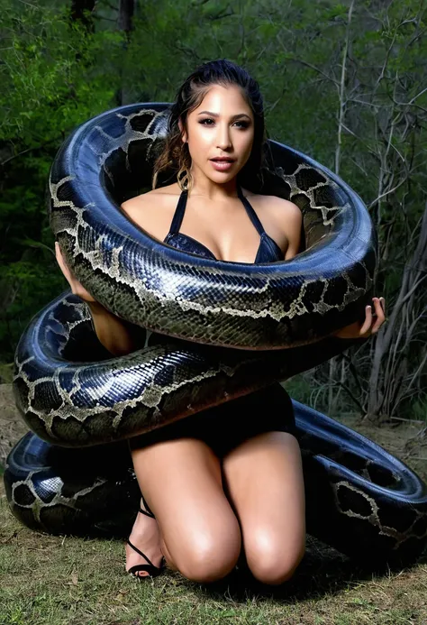 happy horny, aroused 1girl), beautiful kneeling abella  danger  with  giant colossal black titanboa squeezing her hard, wrapped ...