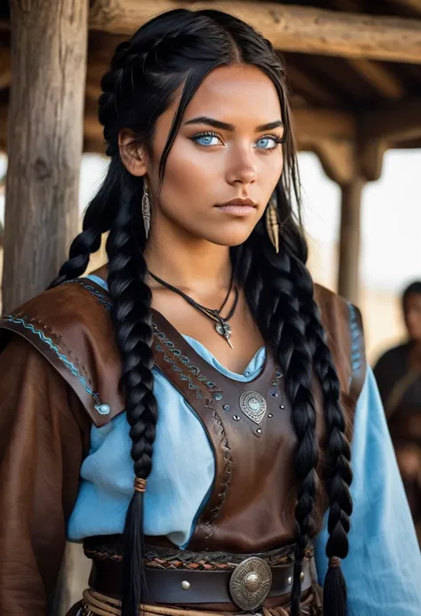 I want you to create a character. She is a young 25-year-old woman with the typical characteristics of the Apache people.  Her long, straight black hair, which is braided, frames a face with tanned skin, common among her people.  His light blue eyes contra...