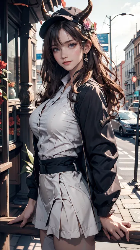 masterpiece, Highest quality, High resolution, Himsul 1, Horned hat, hair flower, x Hair accessories, White sweater, Purple Jacket, flower, Long sleeve, Open clothes, Black Bow, Sleeves are longer than the wrist, skirt, Cowboy Shot, Outdoor, street, Are st...