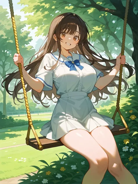 score_9, score_8_up, score_7_up, rating_explicit, masterpiece, best quality, high resolution 8K, 1girl, solo, Japanese kawaii girl, , swinging on a swing, park, daytime, brown long hair, asymmetry bangs, cute face, smooth skin, long eyelashes, small nose, ...