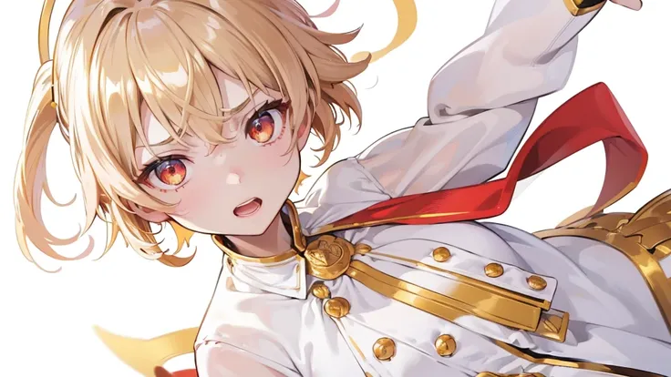 (Highest quality)　(4K)　(8k)　(High resolution)　(masterpiece:1.2)　(Super detailed)　One boy　short hair　emperor　Red eyes　Long sleeve　Golden decoration　Hair between the eyes　White Dress　Wavy golden hair　Upper Body　(White Background)　front　Face close-up　Get angr...