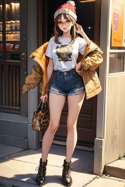 She has beautiful light brown hair, clothing details and gorgeous fashions. Her outfit is inspired by a jaguar. Her outfit pieces are a 2-piece denim jacket, t-shirt and shorts, beanie hat, stylized glasses, and pair of shoes. SPARKLE; GLITTER