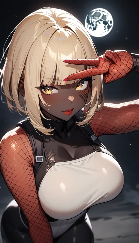 1girl,solo,super detailed skin,shiny skin,black skin,tanned skin,natural face,pale blonde hair,short hair,blunt bangs,detailed eye,close one eye,eyelashes,lips gloss,large breasts,fullbodysuit,fishnet arms,ninja clothes ,v over eye,front shot, moon focus,m...