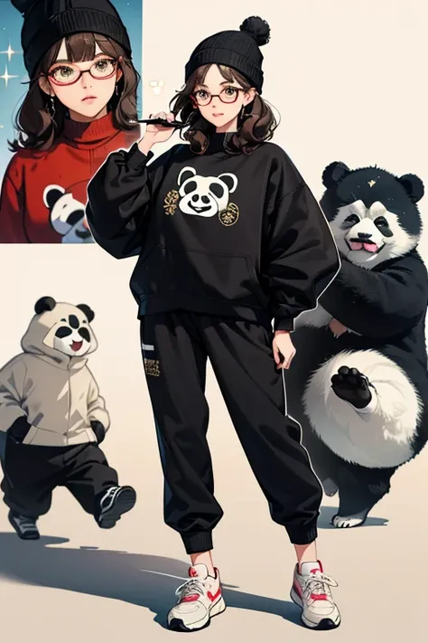 sHe has short and curly dark brown hair with front bangs, clothing details and gorgeous fashions. Her outfit is inspired by a panda. Her outfit pieces are a panda sweater, jogger pants, beanie hat, stylized glasses, and a pair of shoes. SPARKLE; GLITTER