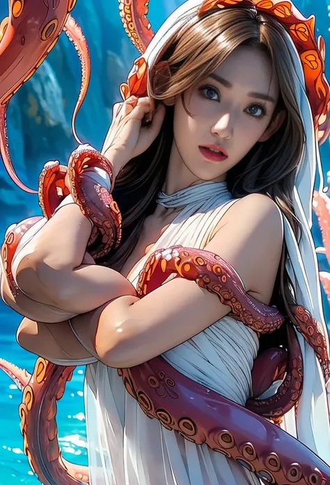 ((masterpiece)), ((Highest quality)), (Very detailed),(At the Beach ),(monster),(((Many tentacles wrapped around the body))),pretty girl, One girl, alone, (white girly dress),((Many tentacles bind his arms)), ((thinウエスト)),Large Breasts, slim, thin,Beautifu...