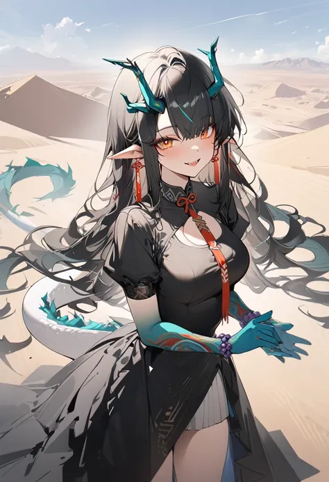 1girl, dusk (arknights), arknights,(masterpiece, best quality), newest, dress , original outfit , black hair, horns, agm, dragon tail , orange eyes, desert  , happy , open mouth