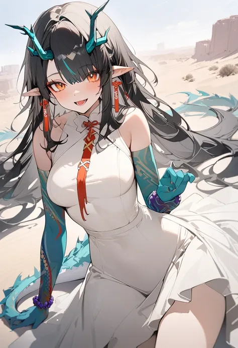 1girl, dusk (arknights), arknights,(masterpiece, best quality), newest, dress , original outfit , black hair, horns, agm, dragon tail , orange eyes, desert  , happy , open mouth