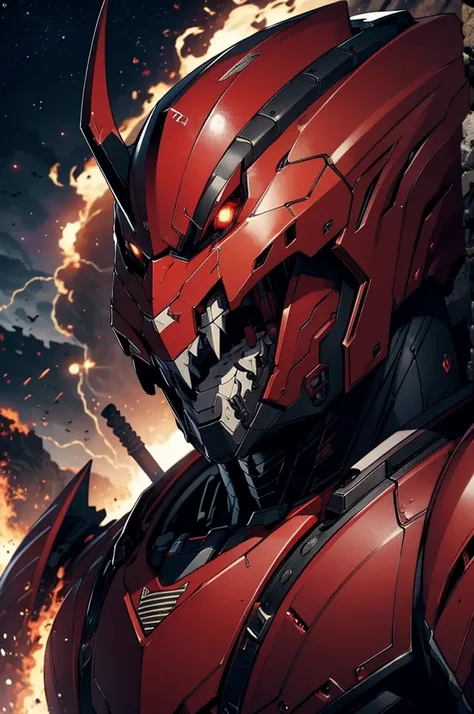 masterpiece, high quality, Big man, red armor, diving tanks, Red eyes, black sclera, SERIOUS LOOK, black trident, advanced age, black hair, strong, great bearing, space background, planets, visible face