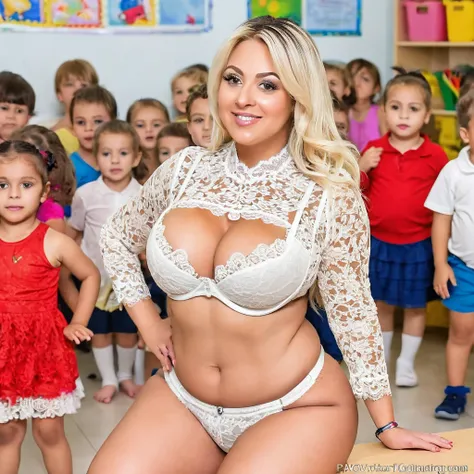 Bimbo teacher with a big butt and huge breasts in a lace micro bra playing with the kindergarten people