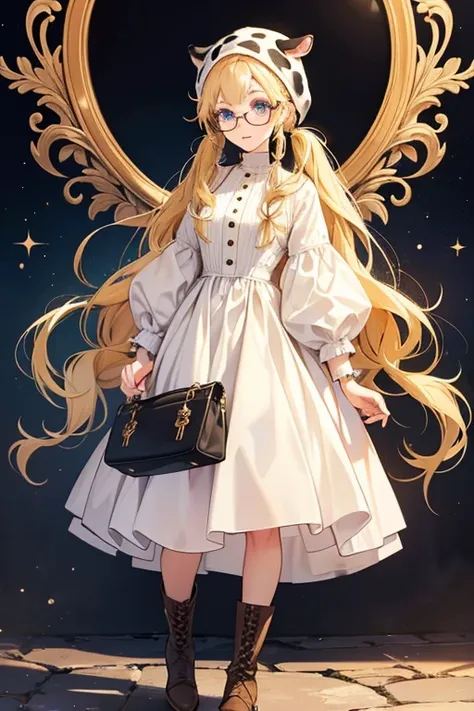 She has beautiful long blonde hair with two pigtails, clothing details and gorgeous fashions. Her outfit is inspired by a cow. Her outfit pieces are a dress, beanie hat, stylized glasses, and a pair of cowboy boots.  SPARKLE; GLITTER