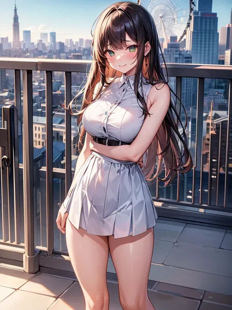 (masterpiece:1.2) (Highest quality) (detailed) (Complex) (8k) (High resolution) (wallpaper) (Cinema Lighting) (Sharp focus),One girl, building, Chain link_fence, fence, nullscraper, cityscape, Ferris_wheel, green_null, city, racket, null, blush, tennis_rac...