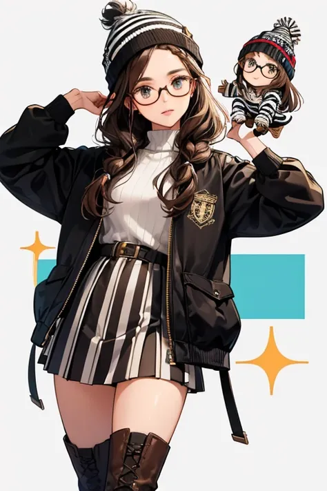 She has beautiful braided dark brown hair, clothing details and gorgeous fashions. Her outfit is inspired by a zebra. Her outfit pieces are a puff jacket, skirt, beanie hat, stylized glasses, and pair of boots. SPARKLE; GLITTER