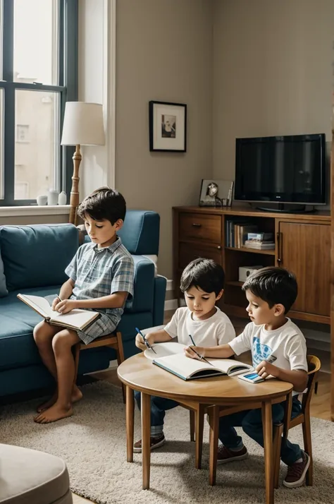 children in a living room sitting on chairs two by two with a man with a notebook sitting 