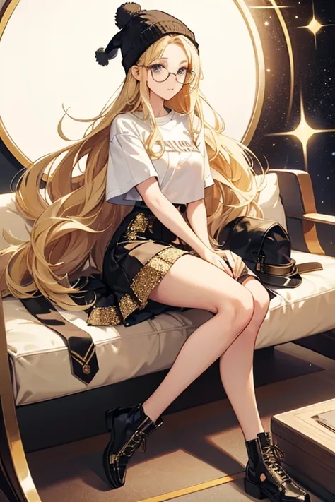 She has beautiful long blonde hair, clothing details and gorgeous fashions. Her outfit pieces are a 2-piece t-shirt top and skirt, beanie hat, stylized glasses, and shoes. SPARKLE; GLITTER