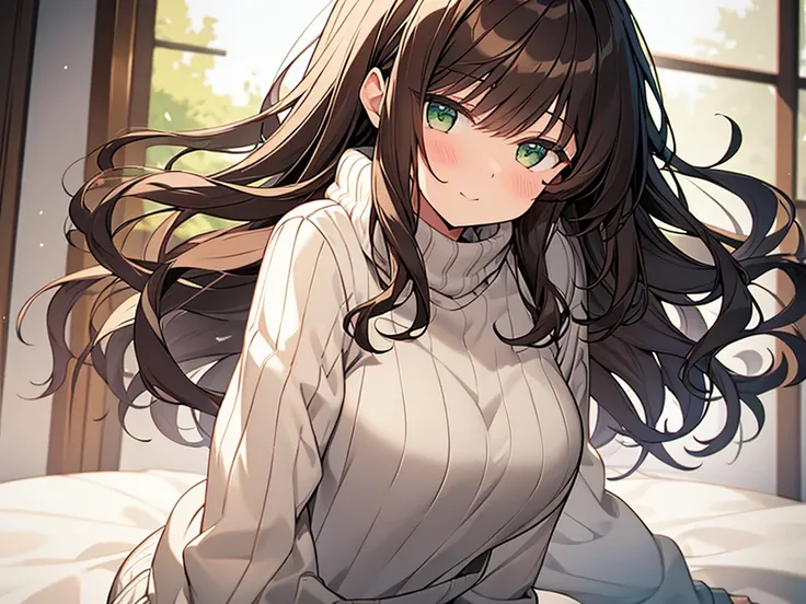 Woman with medium-sized curly-BROWN hair, GREEN eyes; wearing a cute white sweater with long sleeves. (Cute), (Mother), (gentle gaze), (loving), :)