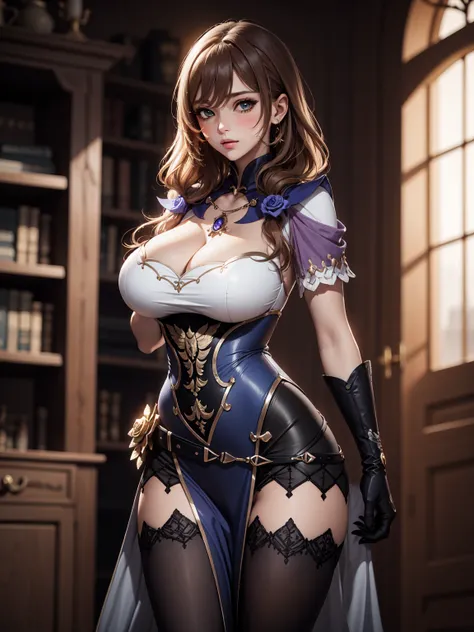 Masterpiece, ultra detail, high quality, 8k cg, huge breasts, lisadef, blush, bright eyes, standing, indoors, slim body, narrow waist