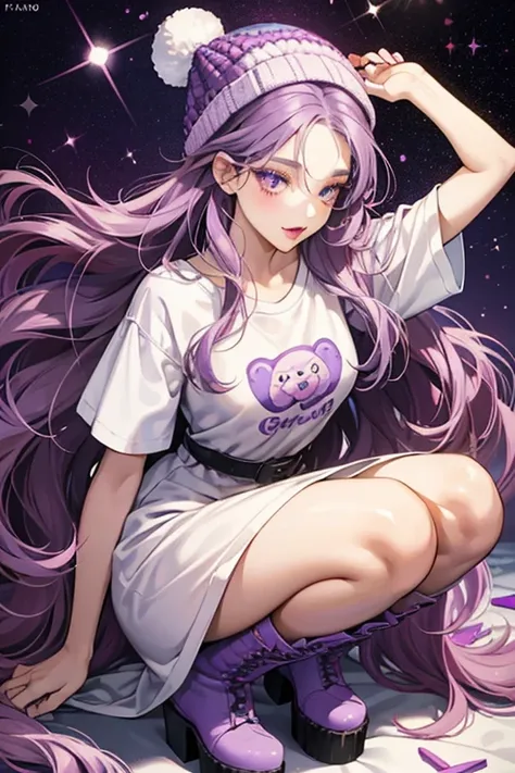 Lizzy has long, rooted wavy purple hair styled with a center part and teddy bear-inspired fuzzy beanie. Her makeup consists of light purple eyeshadow with fandago lipstick. She wears a t-shirt dress combo with New York-inspired patches and molded lavender ...