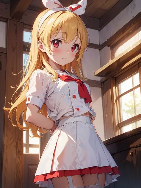 (red ribbon on hairband:1.2),masterpiece, best quality, highres, 1girl, solo, Blonde hair, RED eyes, High resolution, good lighting, , (No nudity), (nurse,white nurse uniform,white shirt:1.3),(open clothes:1.2),(ass out:1.2),(skirt pulled:1.2),(white thigh...