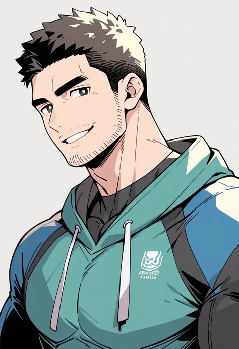 anime characters：Chris Redfield, Muscle Sports Student, Buzz Cut, Manliness, male focus, Sports tight hooded sweatshirt, Wear a black high-necked tights inside, Very tight, Huge chest muscles, muscular male, muscular, only, Upper body, alone, Red short hai...