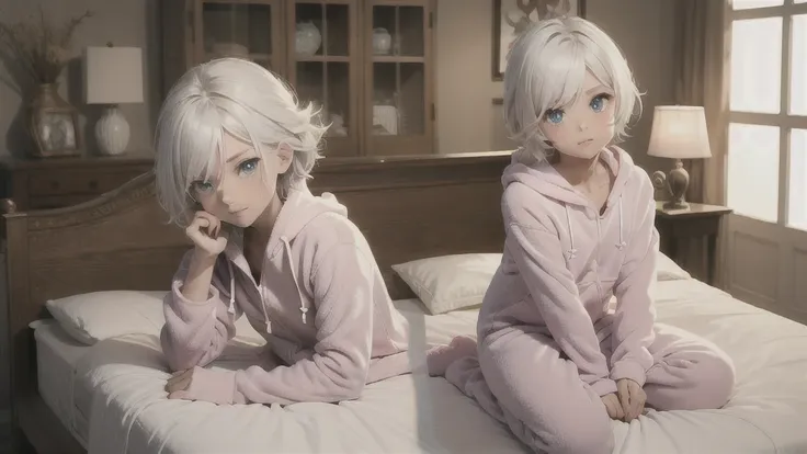 an anime image of a small boy with white hair wearing a thick diaper underneath fox hoodie-footie pjs, hoodie-footie pjs, sleeping, (crib), nursery, (1boy), adorable, masterpiece, extremely detailed, beautiful eyes, sharp focus, vivid colors, studio lighti...