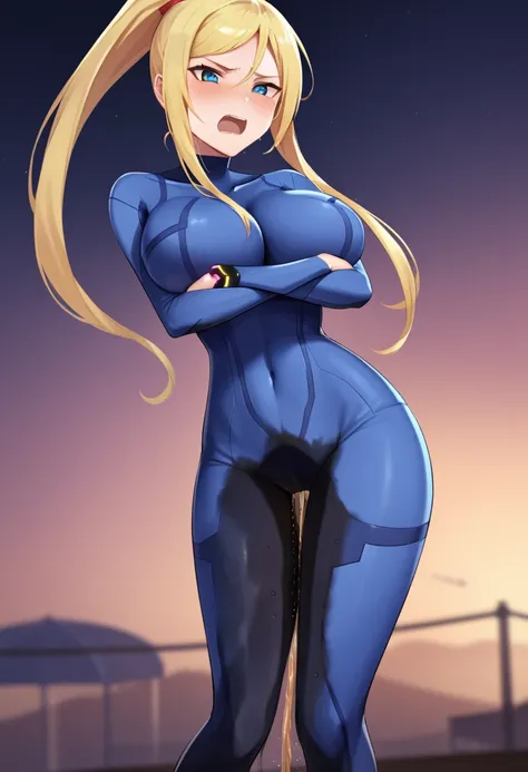 (high quality,Very detailed:1.37, High resolution), Woman, defSamus, blonde hair, bodysuit, blue clothes, blue pants, high heels, large breasts, (wetting herself:2.0), standing, (arms crossed:1.5), (embarrassed:1.5), (humiliation:1.5), (angry:1.25), (blush...