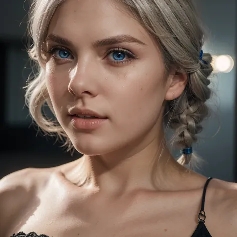 a young woman with white hair in pigtails, beautiful detailed blue eyes, extremely detailed face and skin, photo-realistic, cinematic lighting, intricate details, vibrant colors, masterpiece