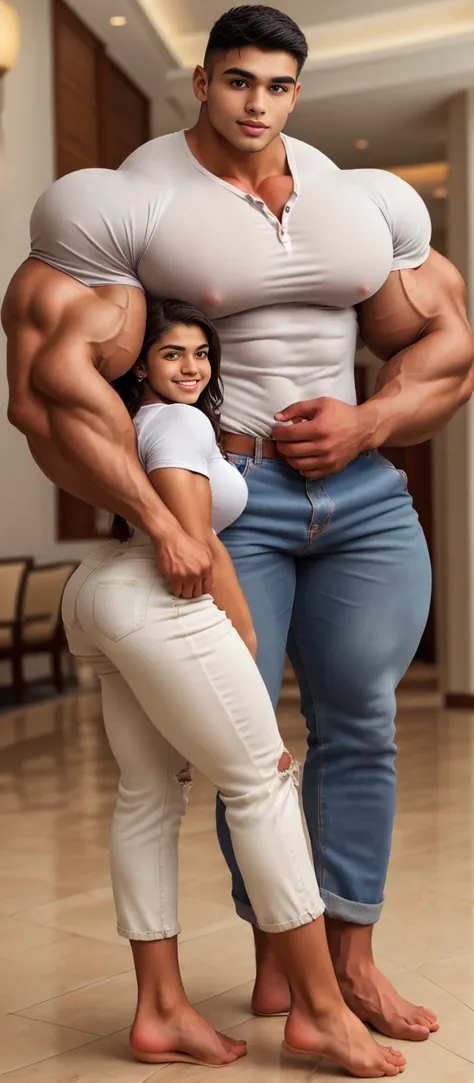 Tanned skin baby faced indian very young muscular male with a mature woman, very tall, 2.30 meters tall, 20 year old overweight  bodybuilder, school freshman in loose linen pants and loosev neck henley shirt, cute innocent sweet young funny face, great hei...