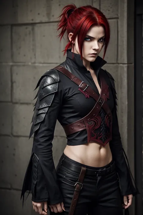 Create a demon slayer with raven reddish hair and irises of the same color., sideways,  short bob hair tied in a half ponytail, a demon mask, somewhat masculine and androgynous-looking body