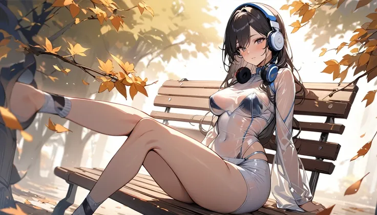 ((Top Quality)), ((Masterpiece)), ((Details)), perfect face, perfect body, fallen leaves background, sitting on a bench, listening to music, wearing headphones, transparent clothes, wearing clothes exposing tight hips and breasts Woman with face visible, s...