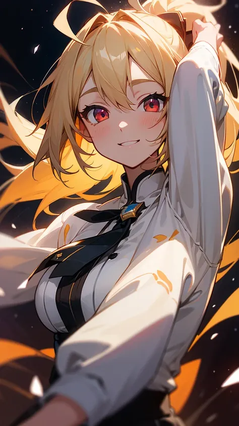 1 Girl、masterpiece、Highest quality、detailed、blonde、ponytail、Round red eyes、Ahoge、beautiful、Dancer、Starry Sky、night、Anime-style paintings、Hard Edge、Soft Surface、smile、smile、Upper body close-up、from the front、Stage lighting、Spot lighting