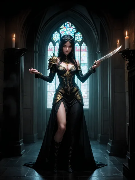 A breathtaking artwork of a female character of unimaginable beauty, set in a dark and opulent environment. The full-body view reveals an impressive figure, exuding an aura of power and mystery. She wears black and gold clothes, radiating a luxurious darkn...