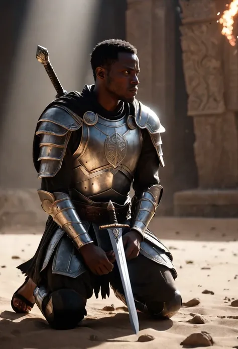 Side angle view A black African man on one knee head facing the ground, sword in its sheath, explosive white light and particles in background, warzone with shields and torn armour all over the battlefield, sword and sandals epic, ridley scott movie, zach ...