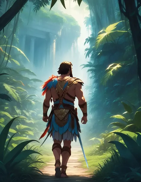 (masterpiece, best quality, vivid colors), A gladiator walking through the jungle exploring the surroundings, 1man, Alone, intricate details, anime screencap, full body shot, ( view from side:1.2), the background is a tropical jungle