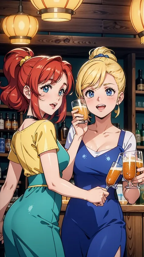 Two women in a vibrant 3D Pixar-Disney animated style, cheerfully toasting with wooden beer mugs and looking towards the viewer, as if they are toasting with the viewer too. They are wearing modern casual clothing, and the background is a lively bar or pub...