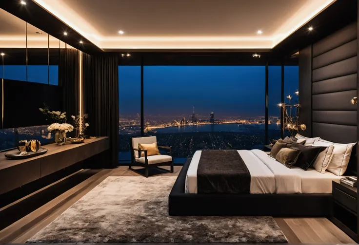 A modern and cozy bedroom with a dark theme, luxury, high class, incredible views, golden hour time