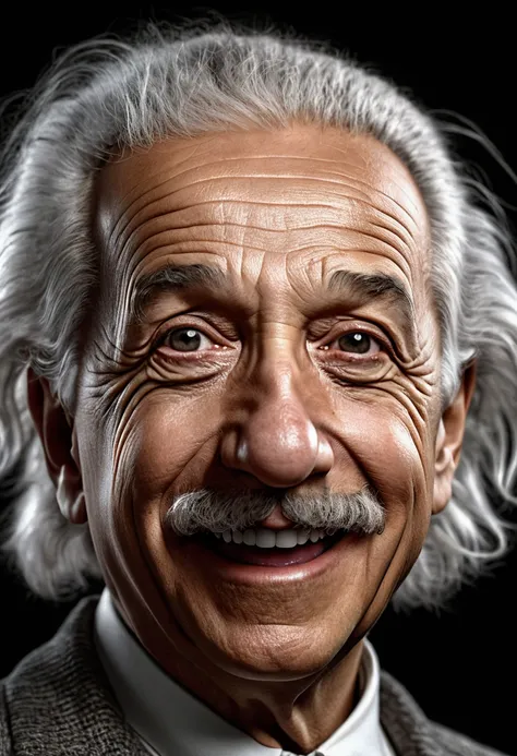 art Ultra-realistic portrait of Albert Einstein smiling and making a face, background with 