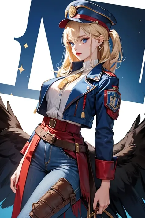 Erika has fair skin, and blonde hair, that goes past her waist. She has big blue eyes with red and white eye shadow, and dark red lips.

Her accessories consist of a blue bald eagle cap. Her outfit is a blue jean jacket with golden stars on each sleeve, wi...