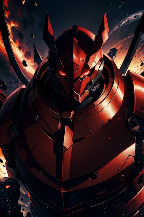 masterpiece, high quality, Big man, red armor, diving tanks, Red eyes, black sclera, SERIOUS LOOK, black trident, advanced age, black hair, strong, great bearing, space background, planets, visible face