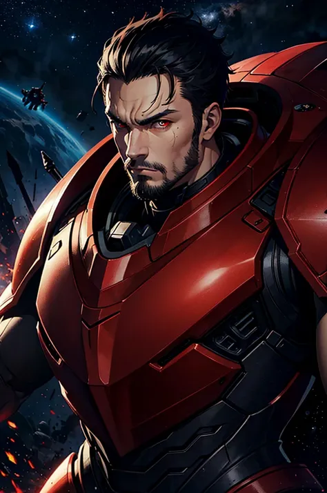 masterpiece, high quality, Big man, red armor, diving tanks, Red eyes, black sclera, SERIOUS LOOK, black trident, advanced age, black hair, strong, great bearing, space background, planets, visible face