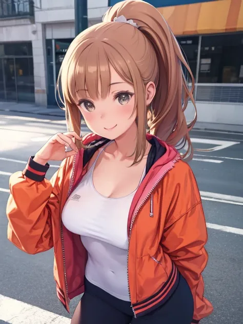 Highest quality, Ultra-high resolution, (Realistic:1.4), One girl, A loose, oversized open jacket, White sports bra, (Yoga pants:1), Big Breasts, (Light brown short ponytail:1.2), View your viewers, smile, cute, whole body, street, Outdoor