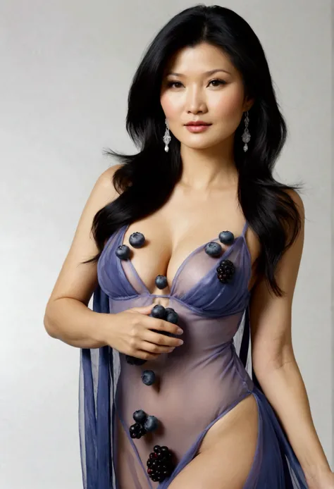 1girl (kelly hu, age 25, sheer gown no underwear), ((blueberry,fruits)),white background, black hair,
