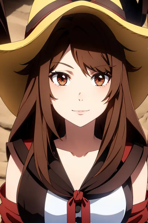 1 female, medium length brown hair, hazel eyes, wearing pirate outfit, at the helm of a pirate ship, wearing straw hat with red band, wearing straw hat